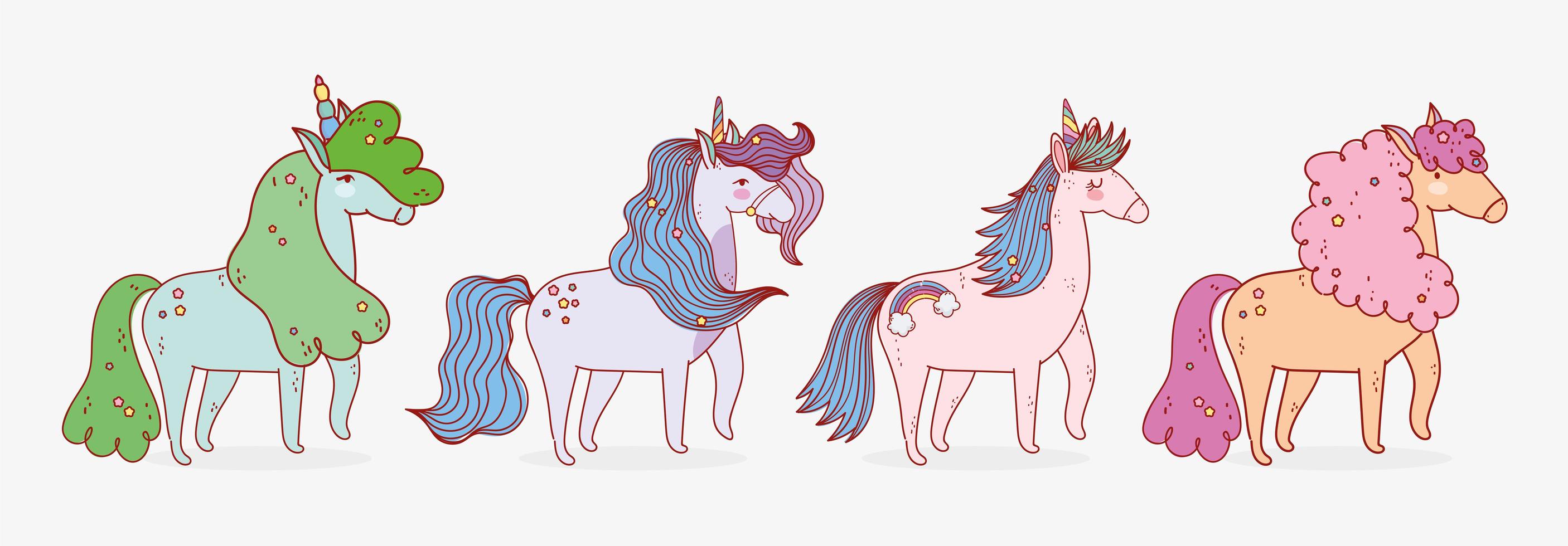 Four cute unicorns pack vector