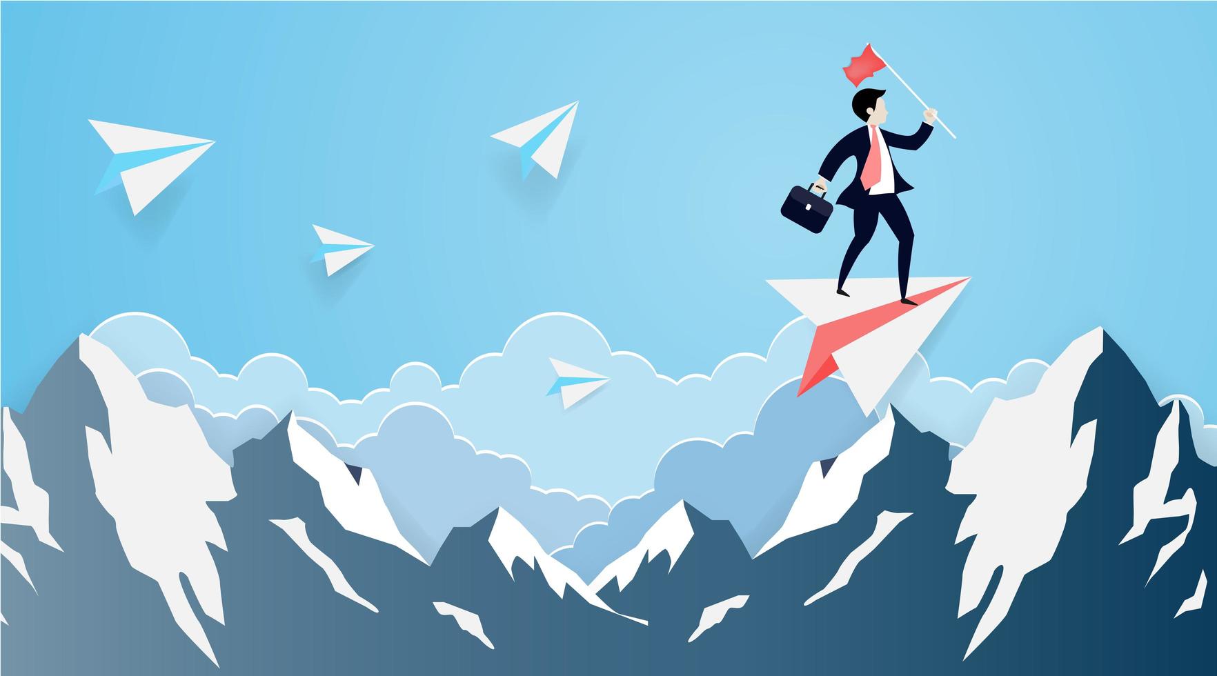 Paper art business man on paper plane over mountain vector