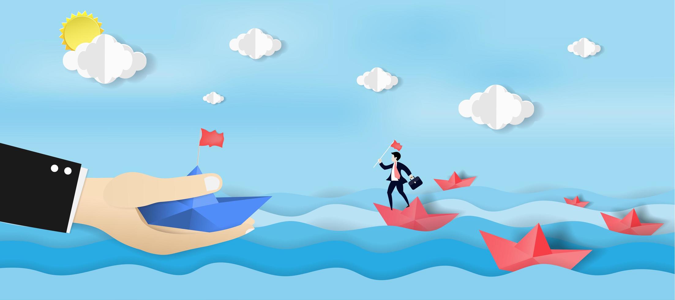 Origami paper boats with business man and hand vector