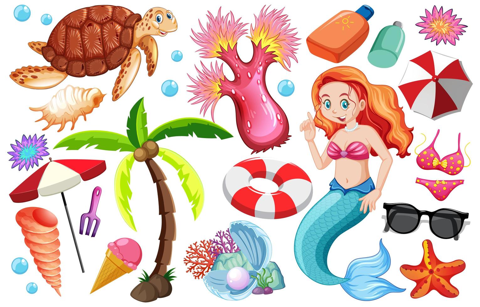 Set of summer beach icons and mermaid cartoon characters 1235550 Vector Art  at Vecteezy