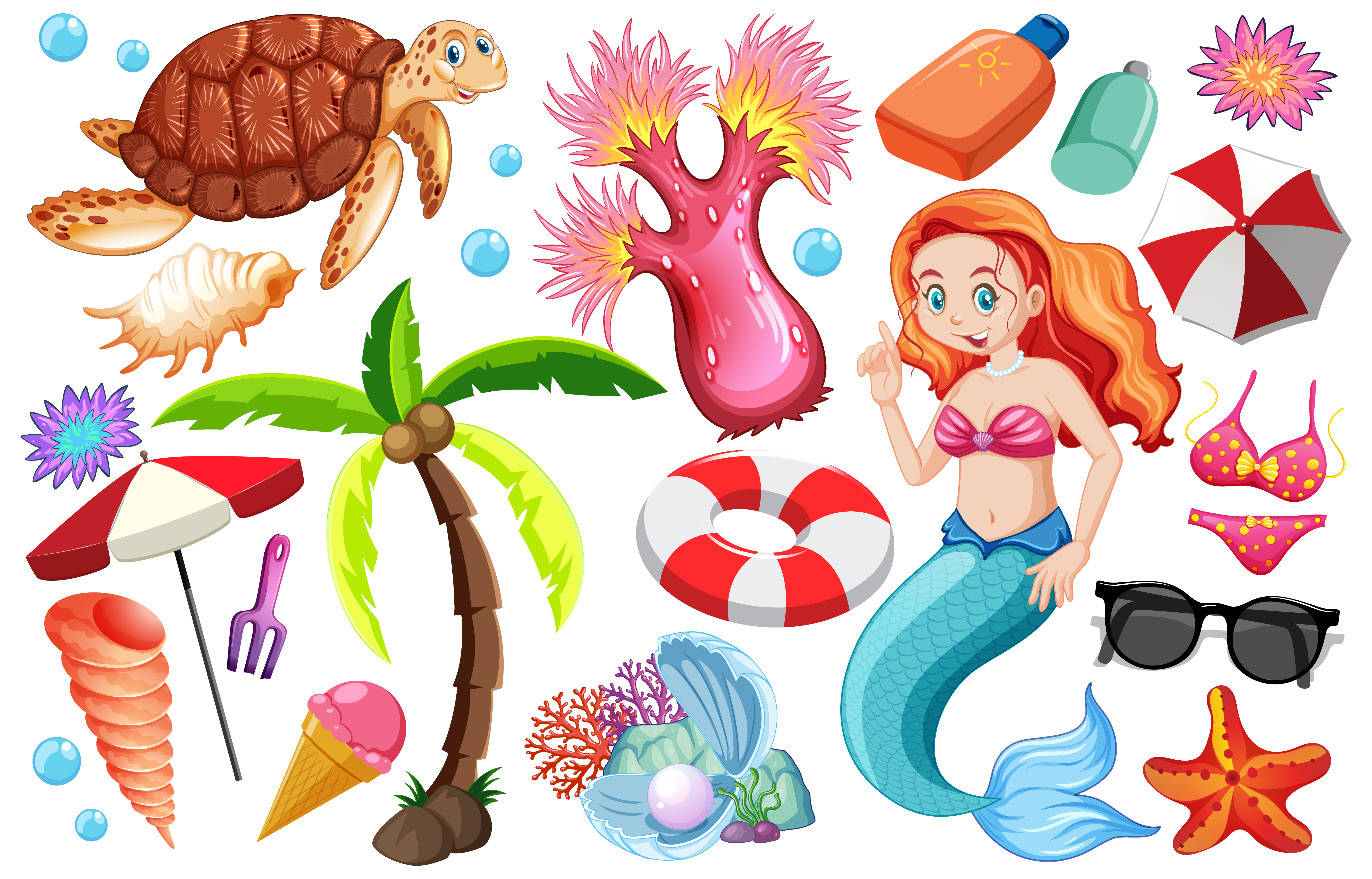 Set of summer beach icons and mermaid cartoon characters 1235550 Vector Art at Vecteezy Set of summer beach icons and mermaid cartoon characters 1235550 Vector Art at Vecteezy