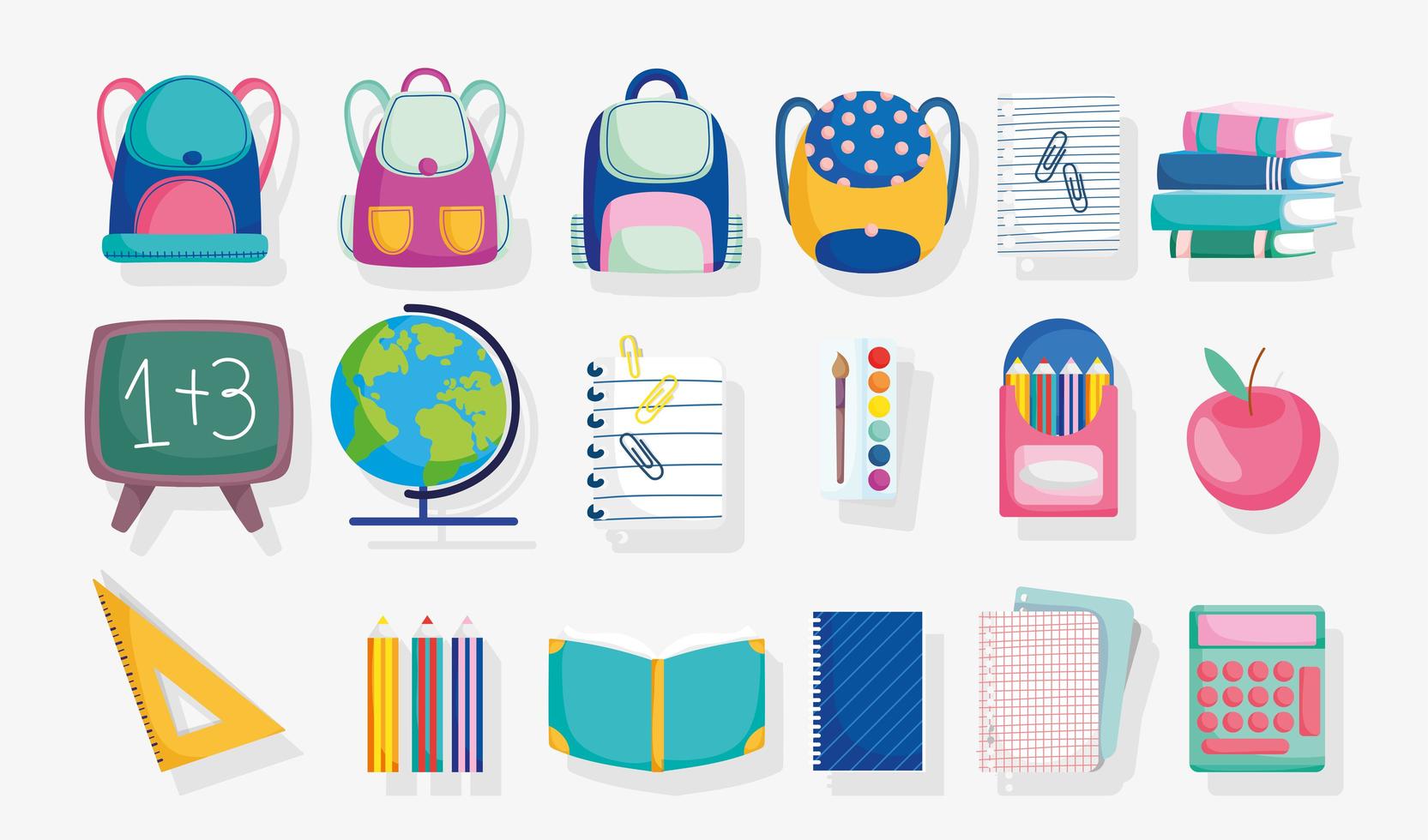 conjunto de lindos materiales escolares vector