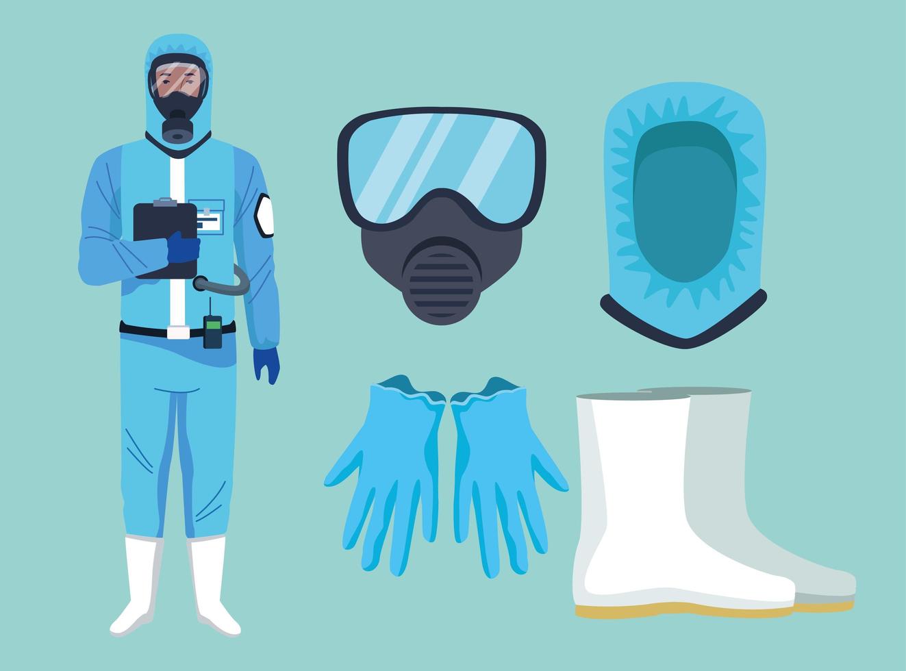 Biosafety Worker with Equipment Elements for COVID-19 Protection vector