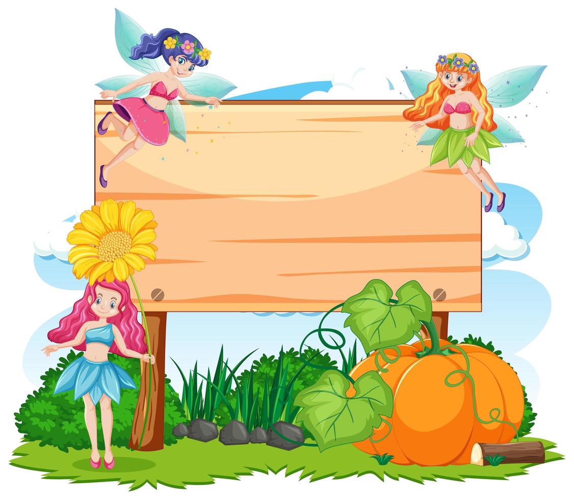 Fairy tales in garden with blank banner cartoon style  vector