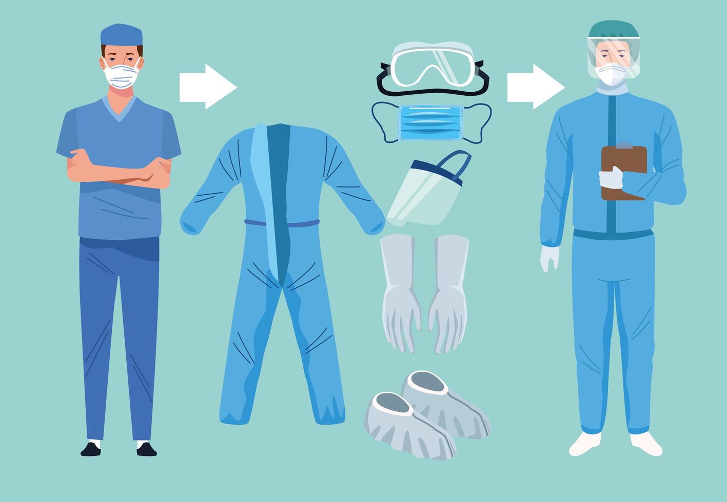 Doctors with Biosafety Equipment Elements for COVID-19 Protection vector