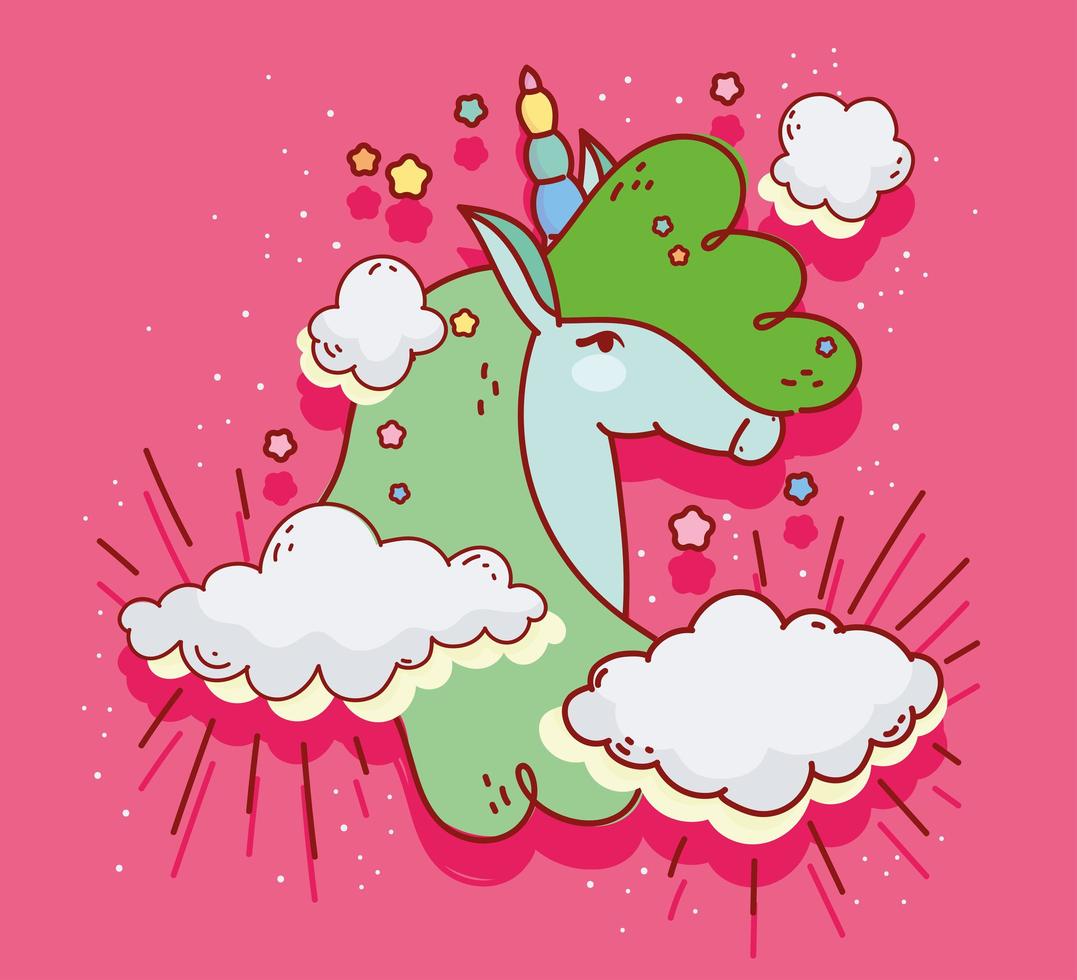 linda cabeza de unicornio verde vector