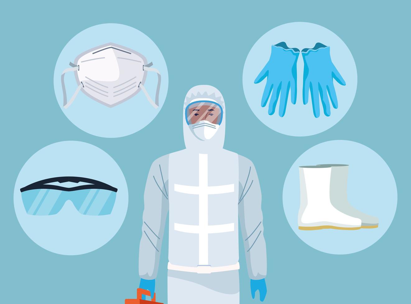 Biosafety Worker with Equipment Elements for COVID-19 Protection vector
