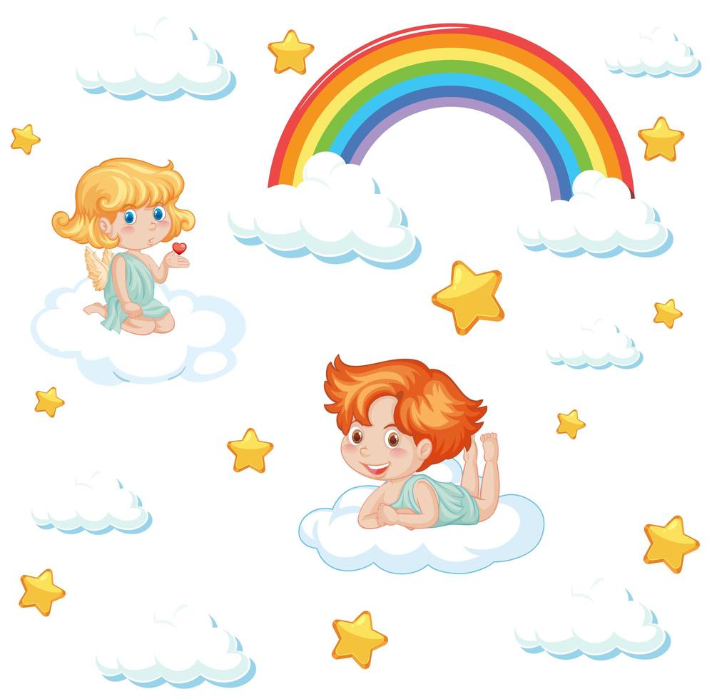 Cute angels with rainbow and stars  vector