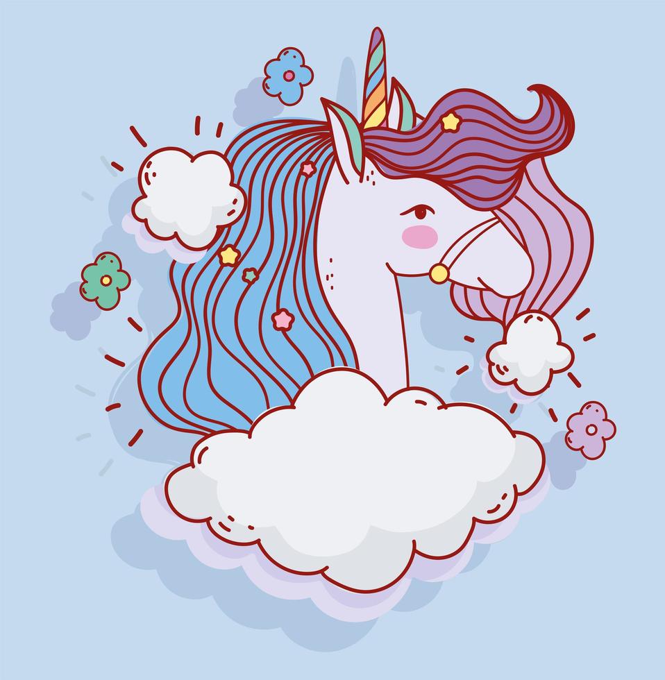 linda plantilla de tarjeta de cabeza de unicornio azul vector