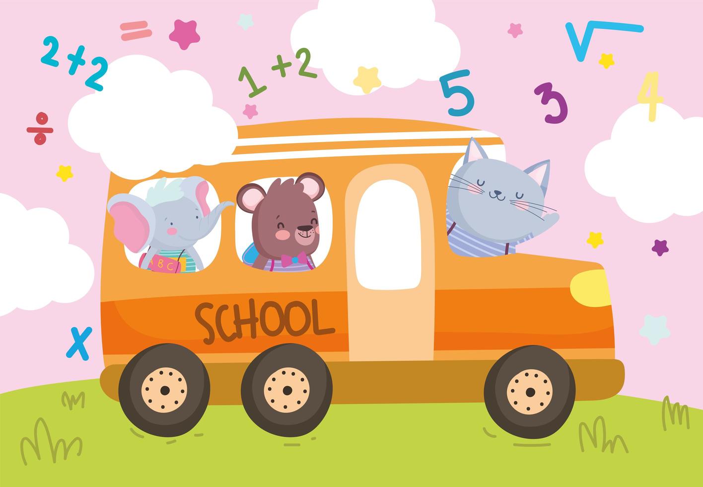 animales felices en el autobús escolar vector