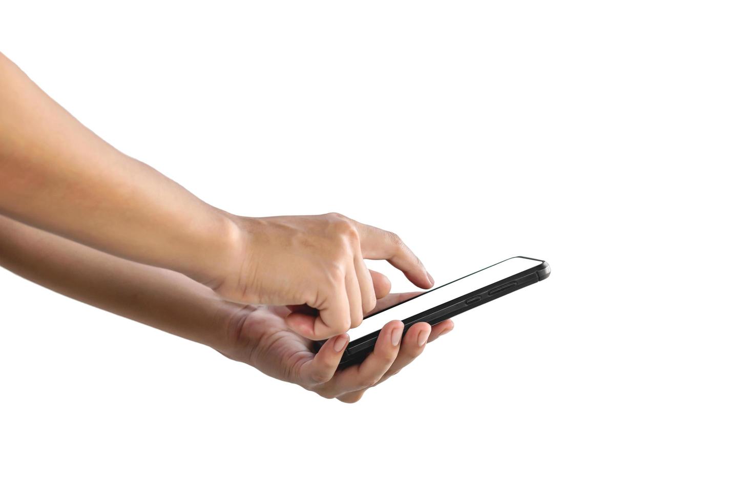 Mano humana sosteniendo un teléfono inteligente con una pantalla blanca foto