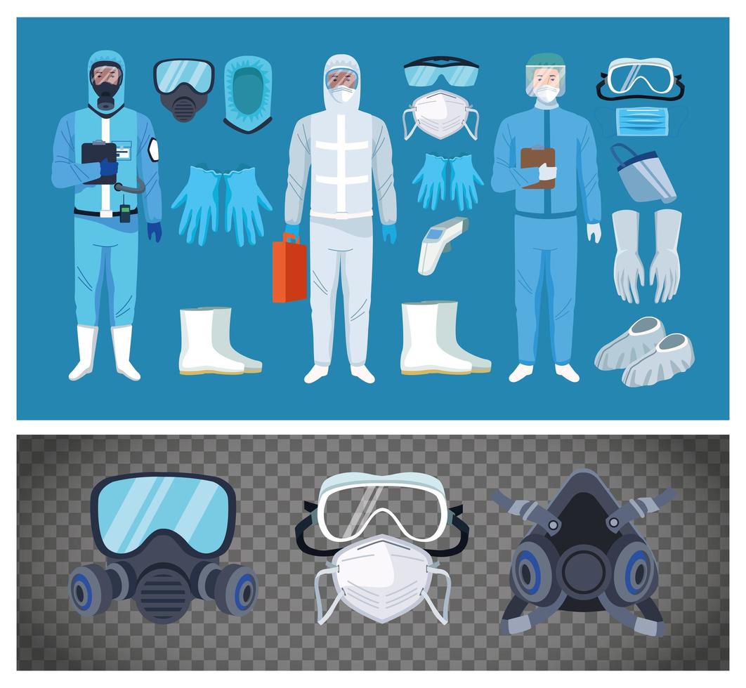 Biosafety Workers with Equipment for COVID-19 Protection vector