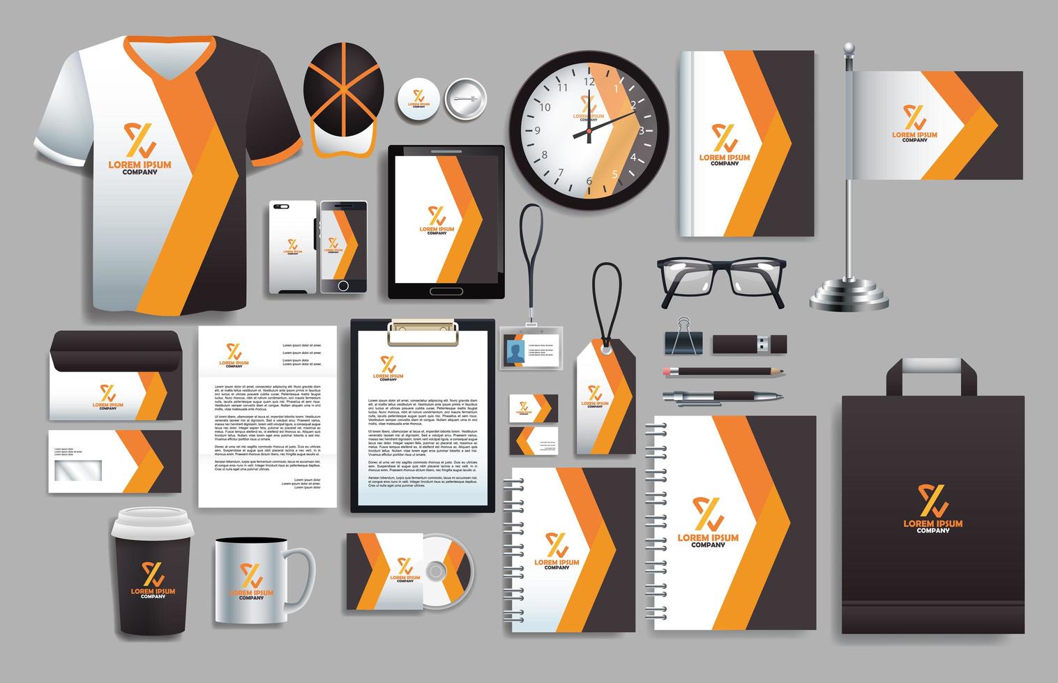 conjunto de elementos de color gris oscuro y naranja con plantillas de papelería vector