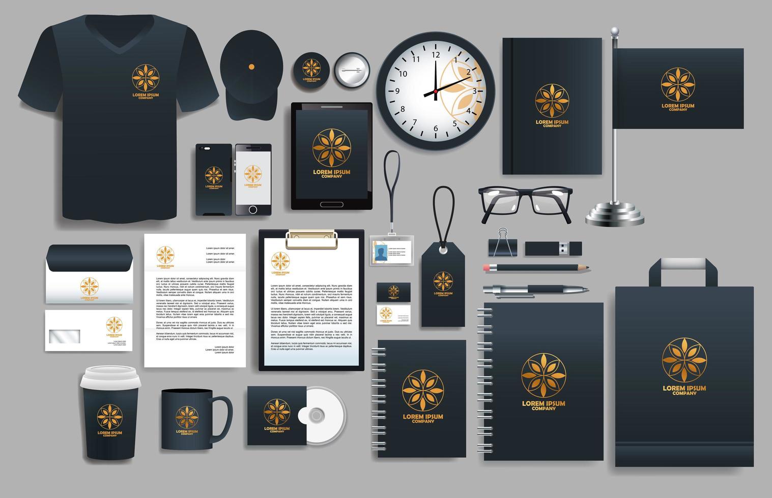 Set of Black, Gold Logo Elements with Stationery Templates vector