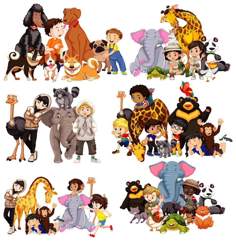 conjunto de animales y niños vector