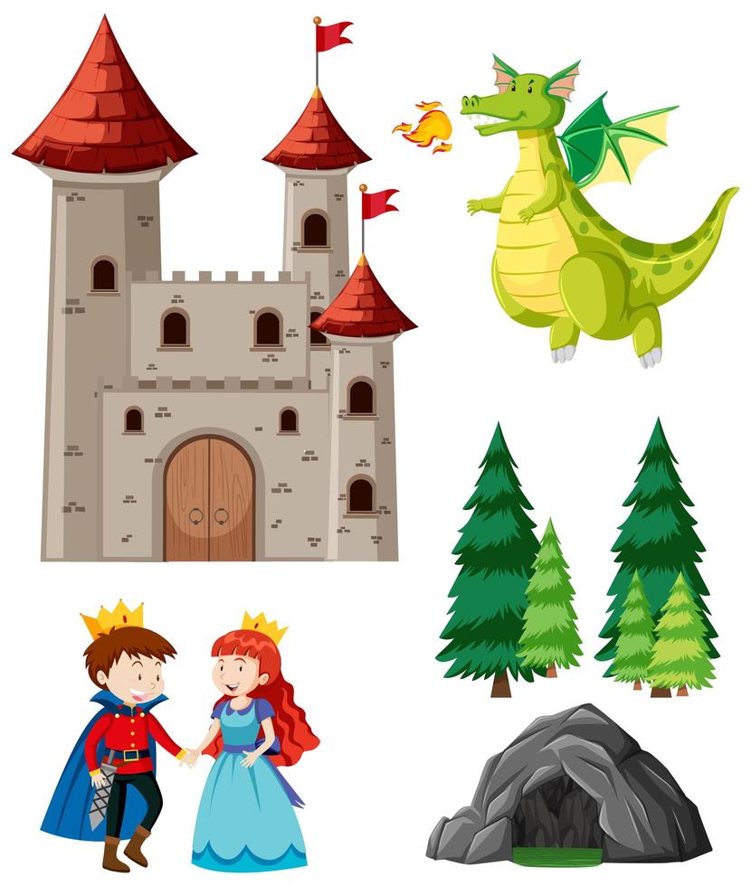 Fairytale set with dragon, prince and princess vector