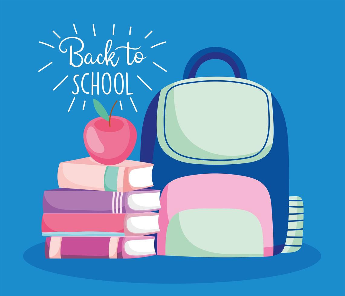 Back to school cute backpack and books card template vector