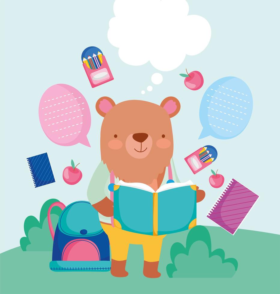 lindo oso con materiales escolares de arte y globos de texto vector