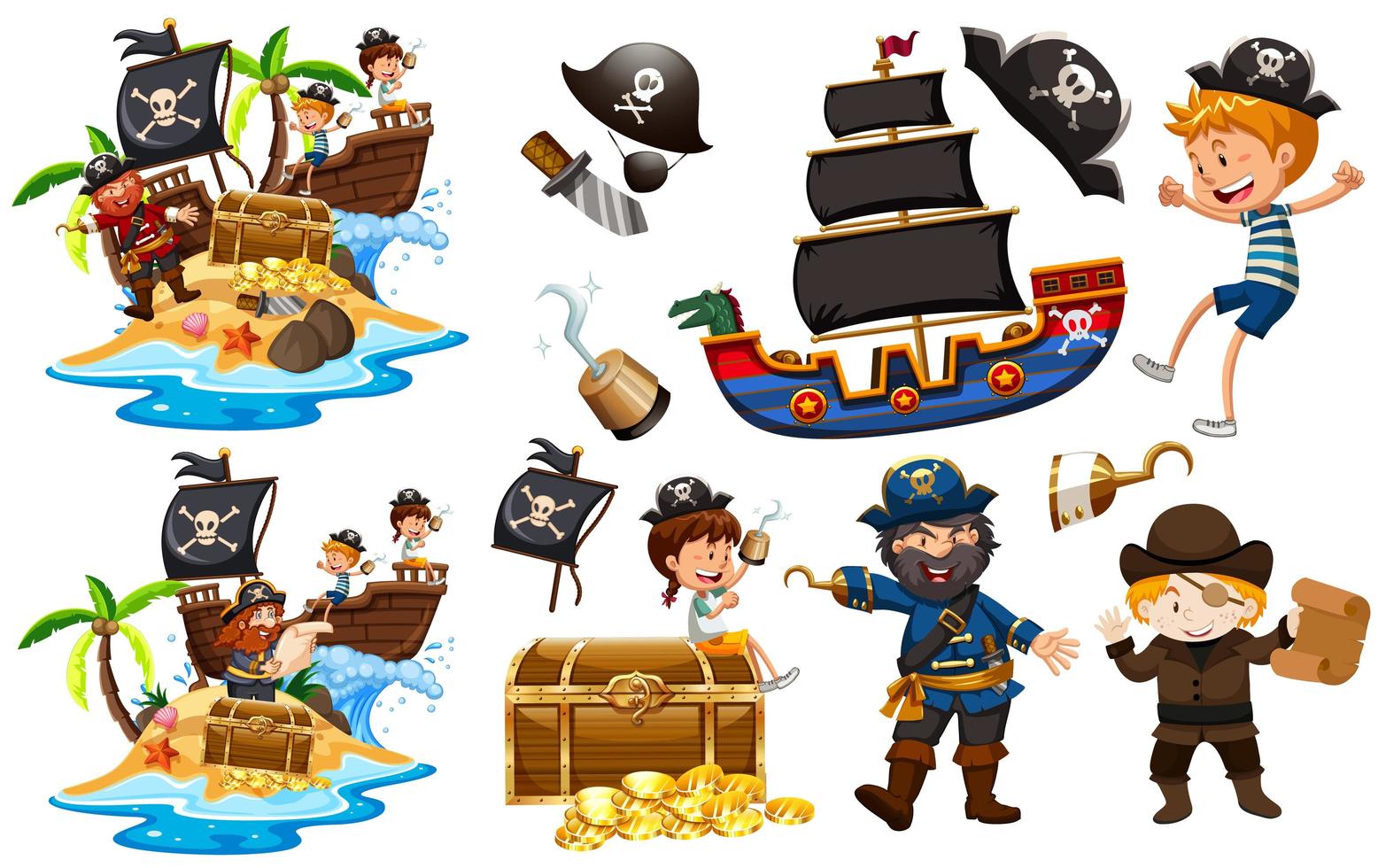 Set of pirates with ship and gold vector