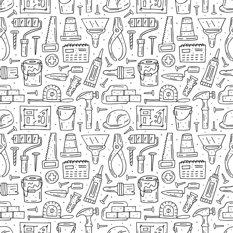 Home repair tools, instruments outline hand drawn seamless pattern vector