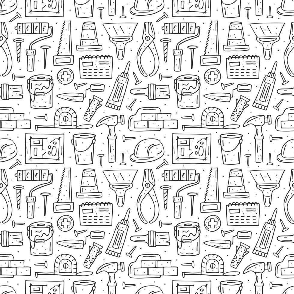 Home repair tools, instruments outline hand drawn seamless pattern vector