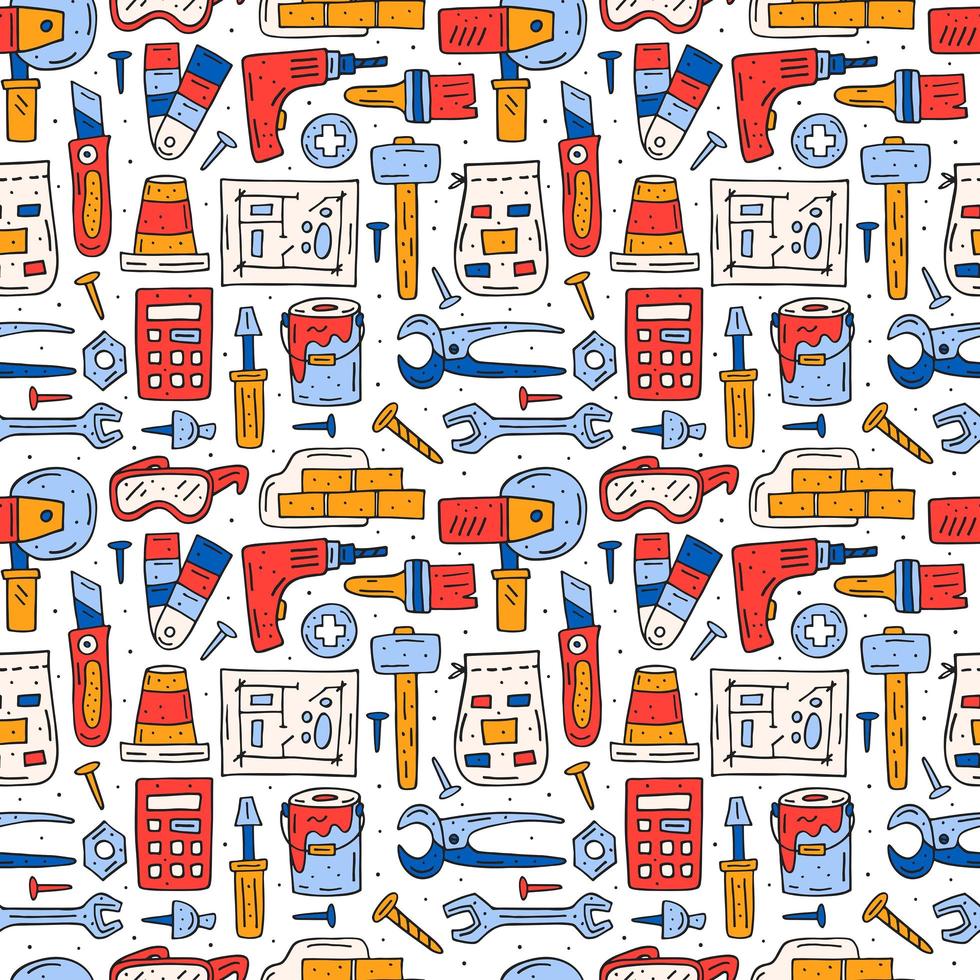 Home repair tools, instruments colorful hand drawn seamless pattern vector