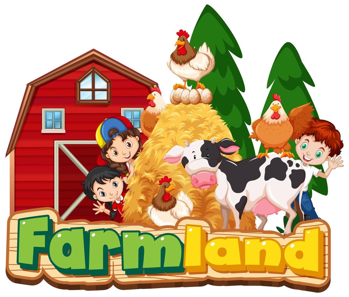 Farmland with happy children and animals vector