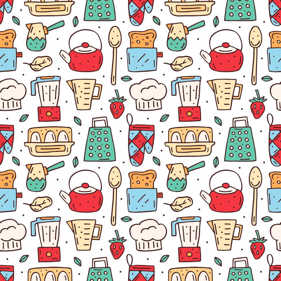 Hand drawn colorful kitchen seamless pattern vector