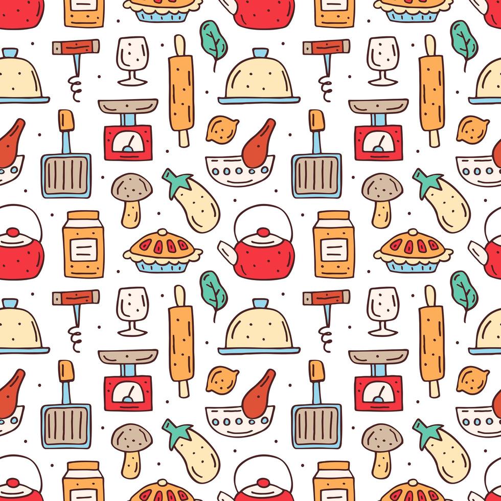 Hand drawn colorful kitchen food and items seamless pattern vector