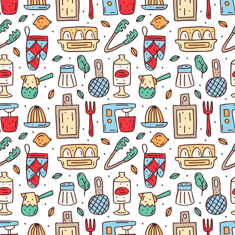 Hand drawn colorful kitchen elements seamless pattern vector