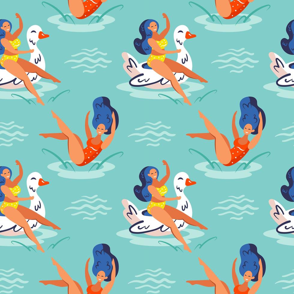 Girls jumping and floating in water seamless pattern vector