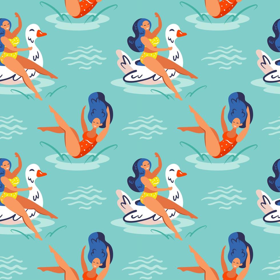 Girls jumping and floating in water seamless pattern vector