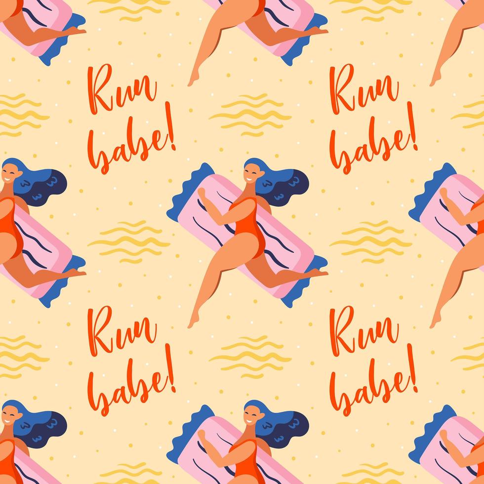 Girl running with rubber inflatable mattress seamless pattern vector