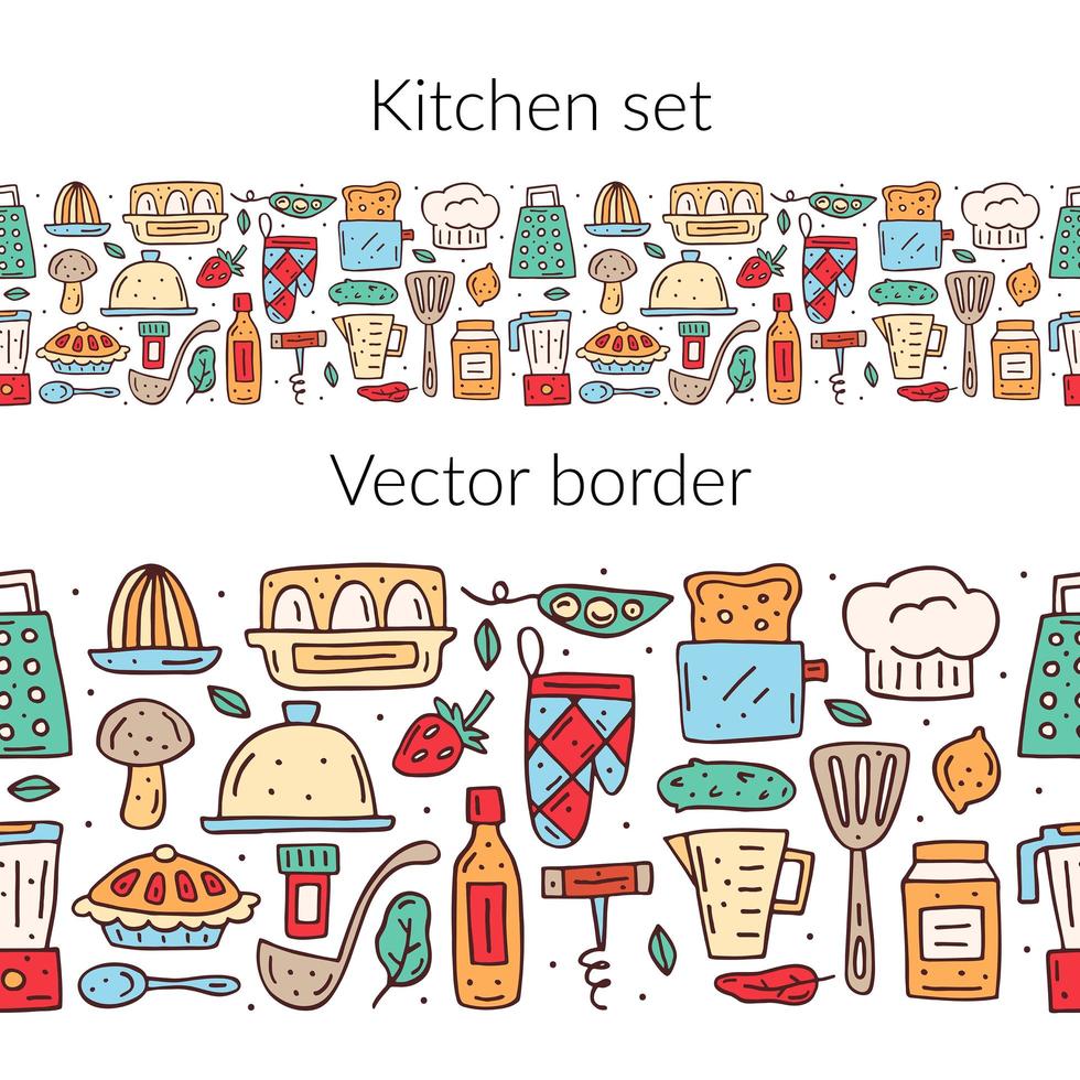 Dibujado a mano colorida cocina comida y artículos frontera sin costuras vector