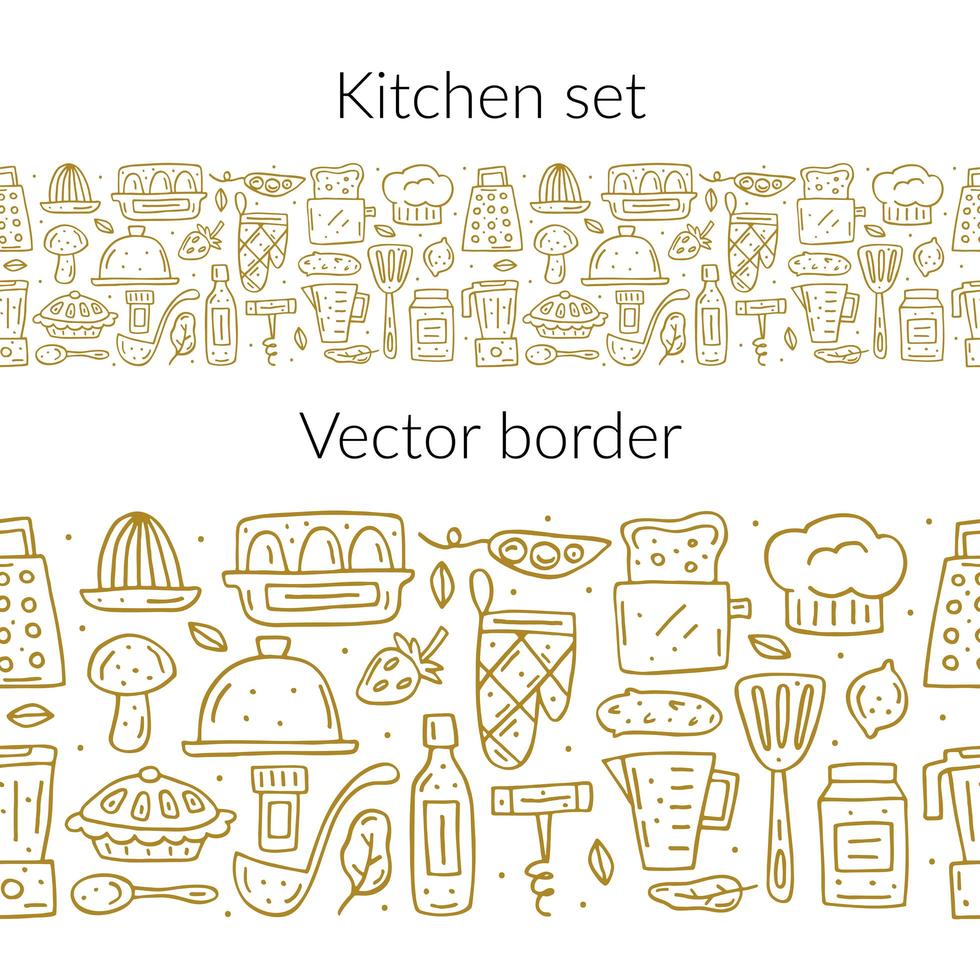 Dibujado a mano contorno dorado elementos de cocina frontera sin costuras vector