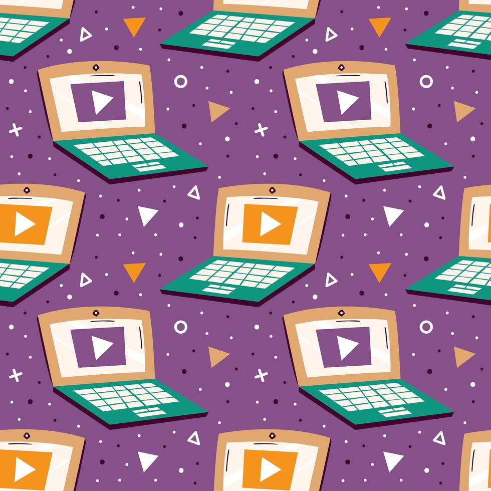 Laptops on violet background with triangles seamless pattern vector