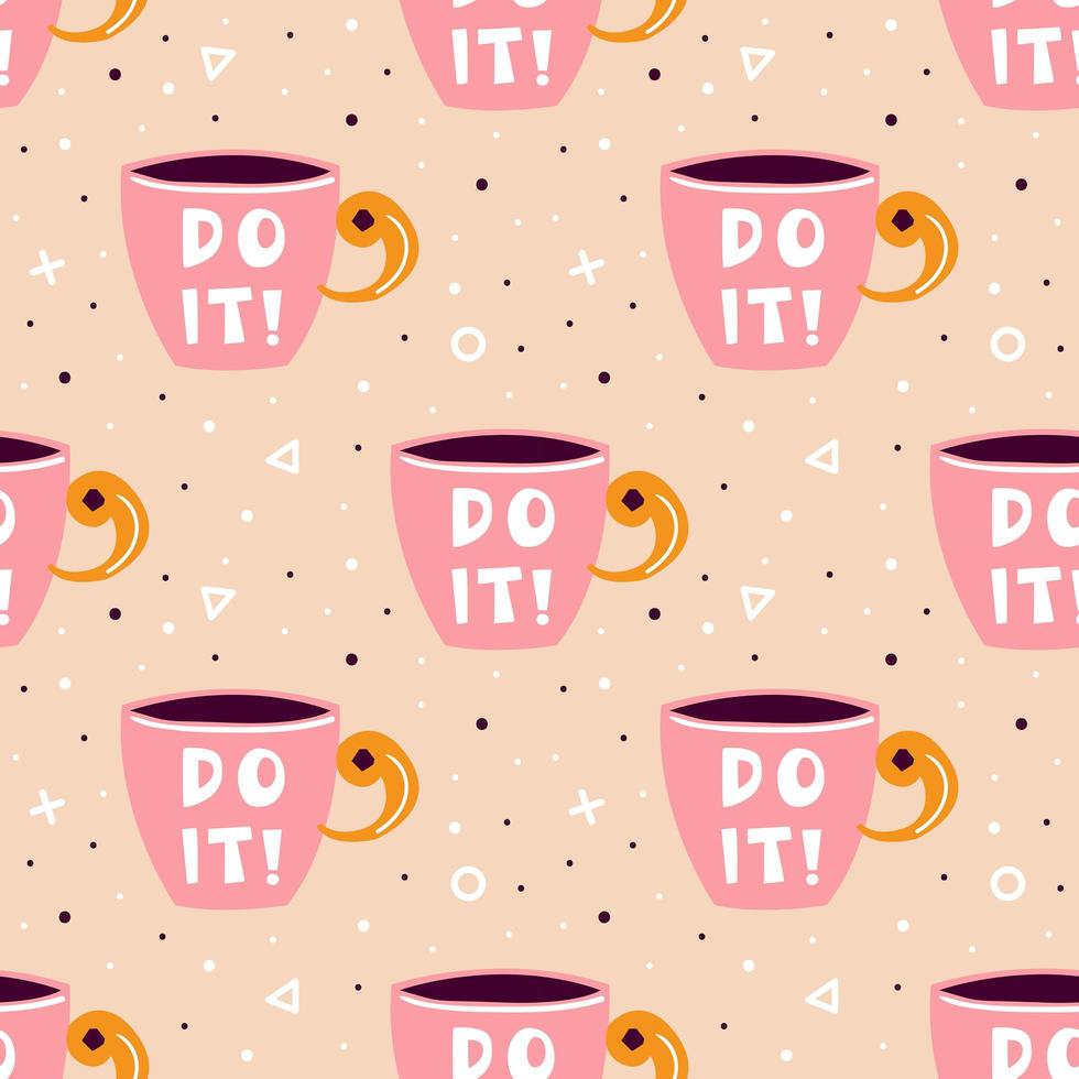 Pink cup of tea, coffee seamless pattern with shapes vector
