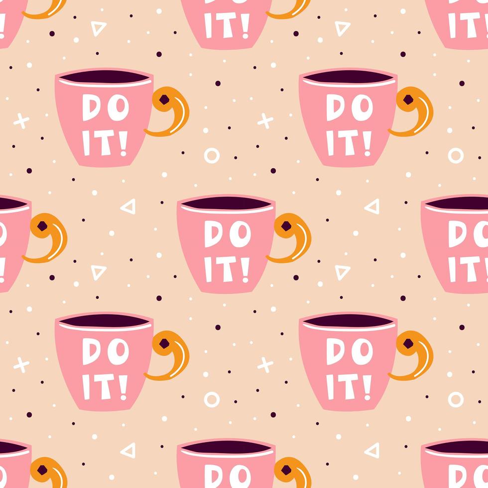 Pink cup of tea, coffee seamless pattern with shapes vector