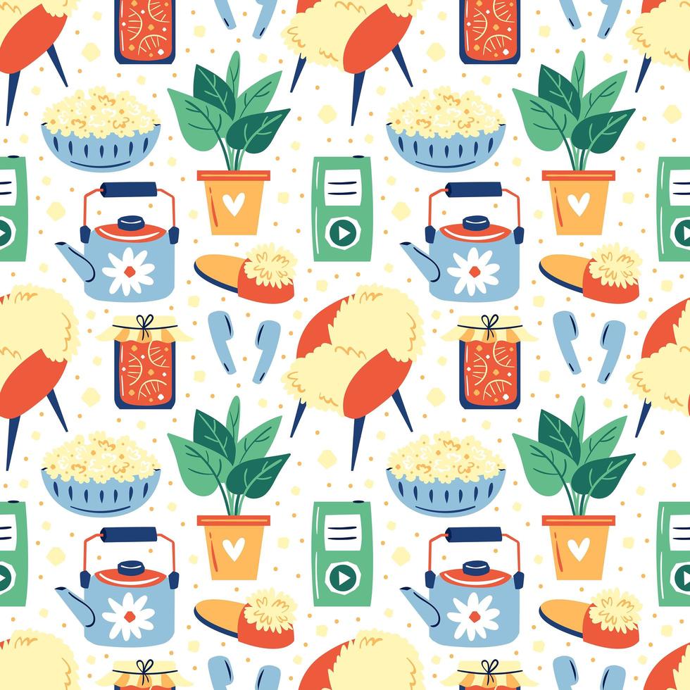 Set of different cute home lifestyle items seamless pattern vector