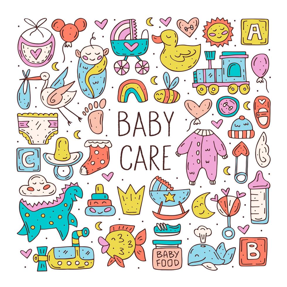 Baby care cute hand drawn doodle items set vector