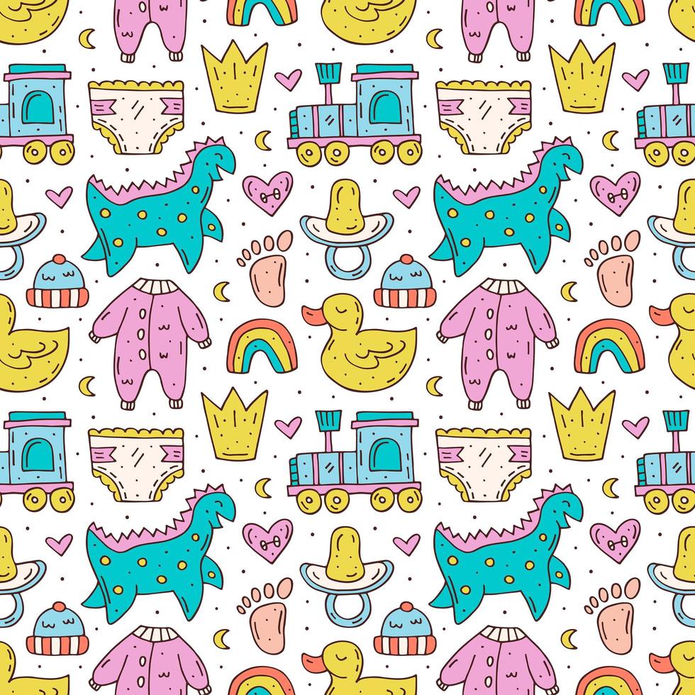 Baby items cute hand drawn doodle seamless pattern vector