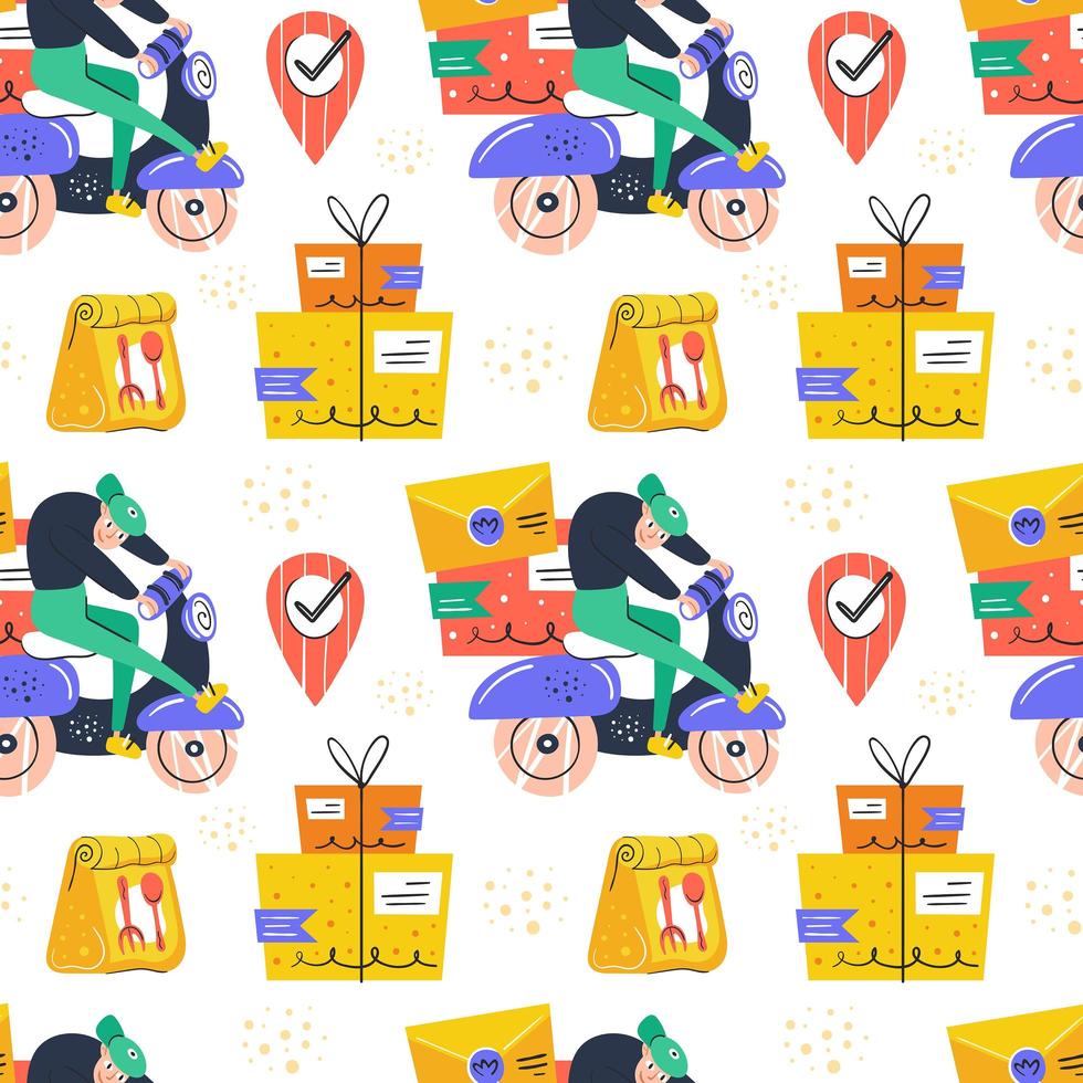 Man driving on delivery scooter seamless pattern vector