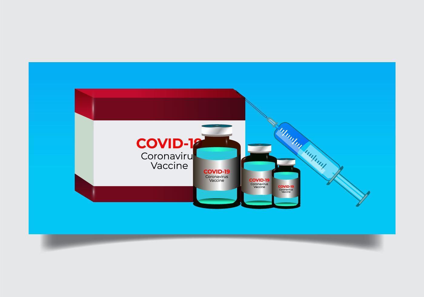 Coronavirus liquid vaccine with bottles and syringe design vector