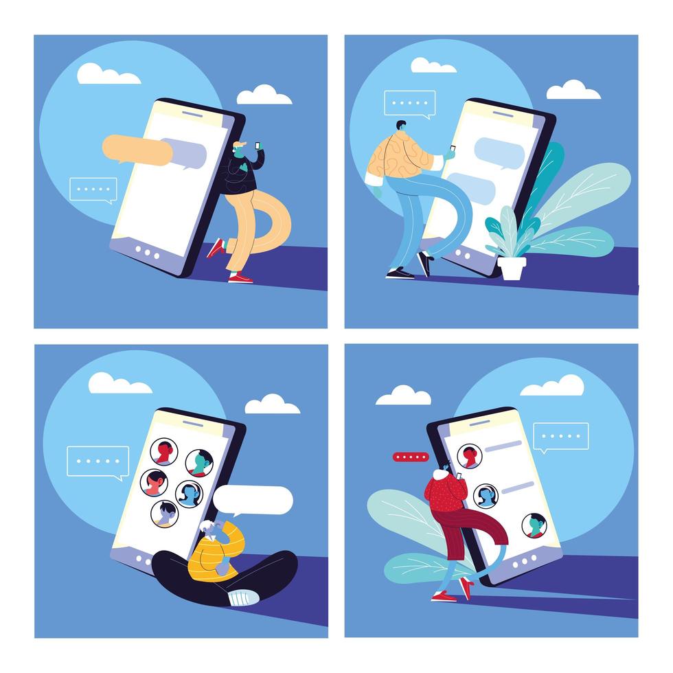 Set of poster with men and smartphones chatting vector