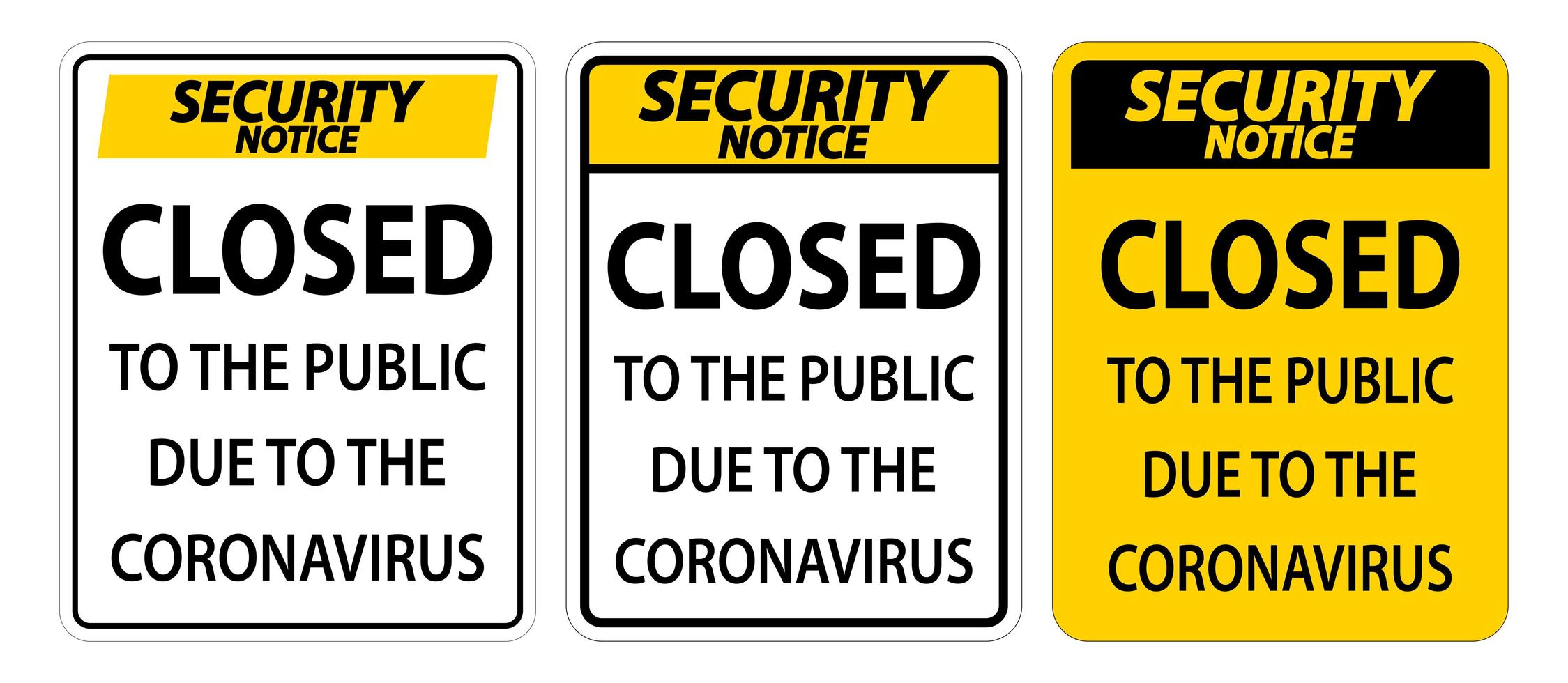 cerrado al signo público debido al conjunto de signos de coronavirus vector