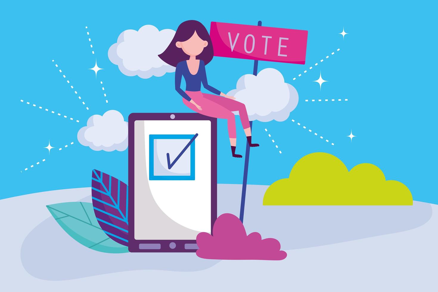 Woman voting with smart phone card template vector