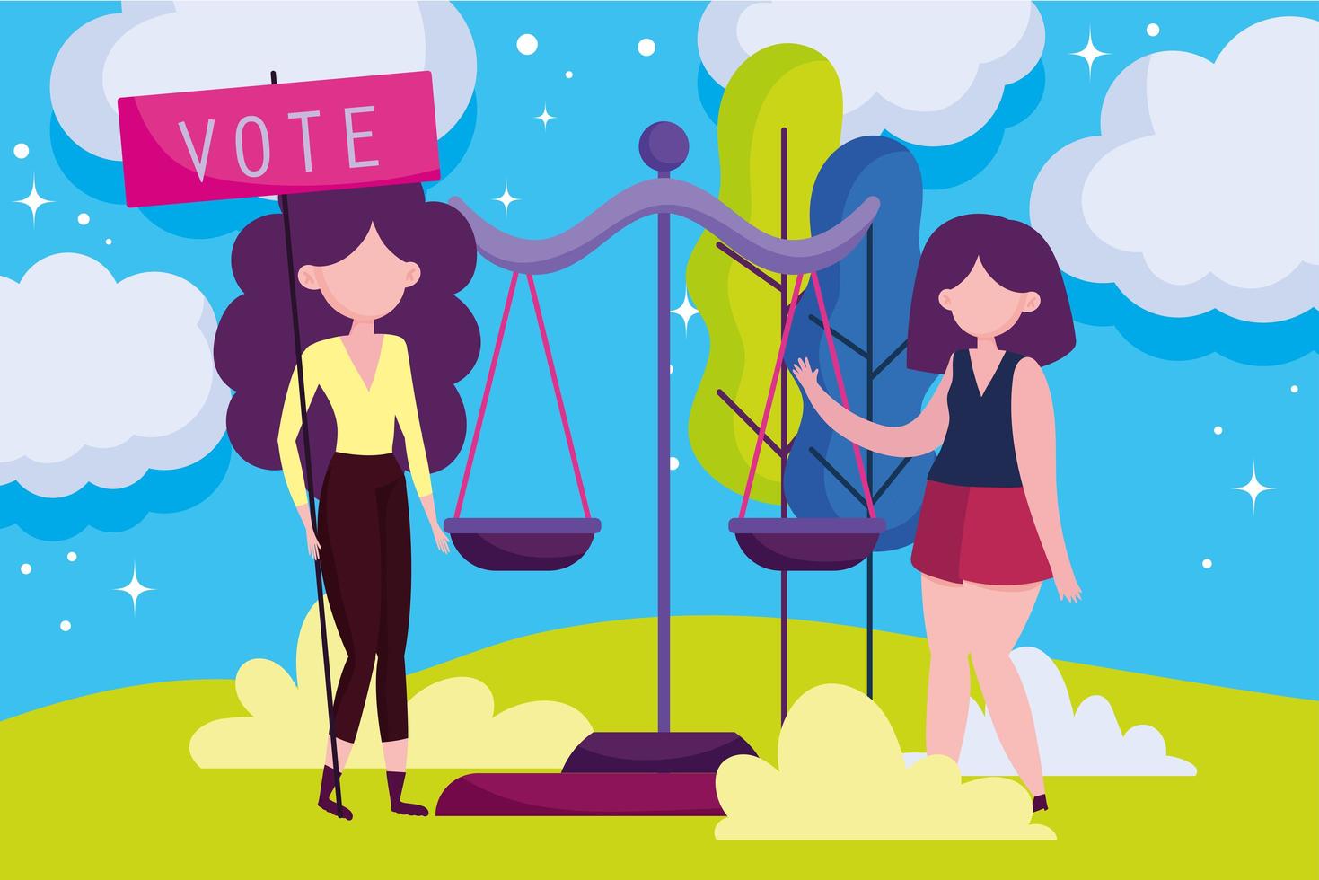 Women with justice scale to vote card template vector