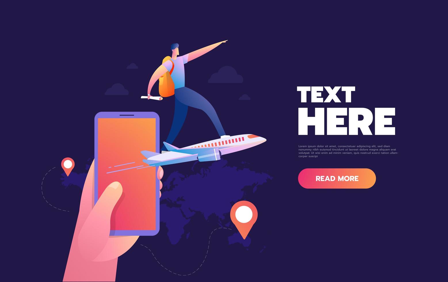 Man  standing on airplane flying from mobile phone vector