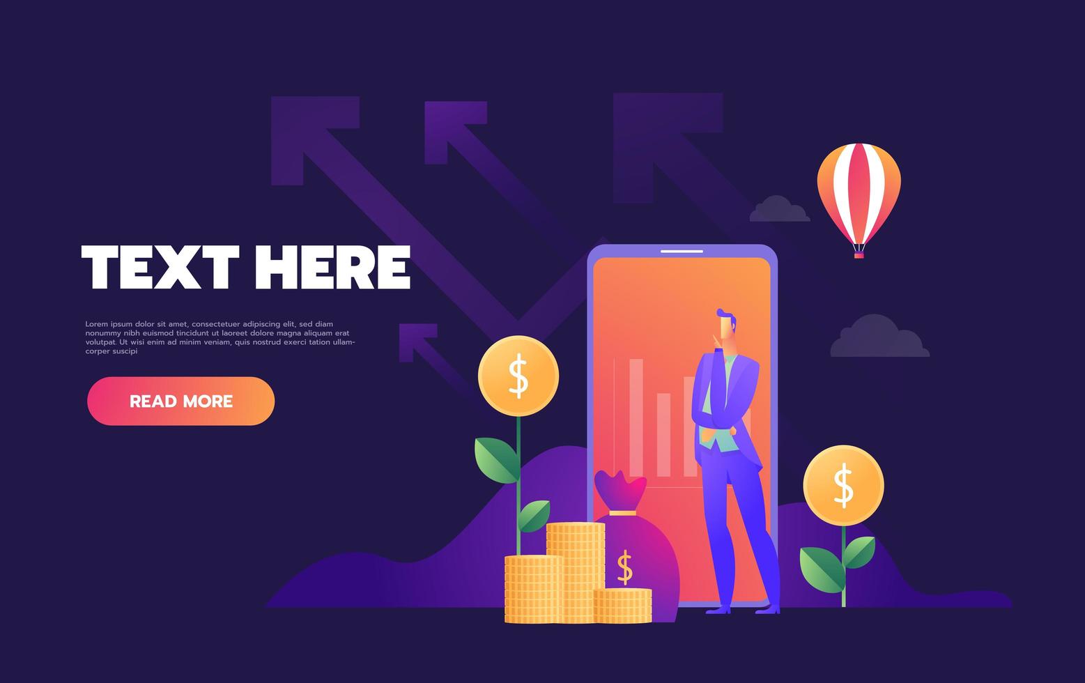 Man in front of smartphone with money vector