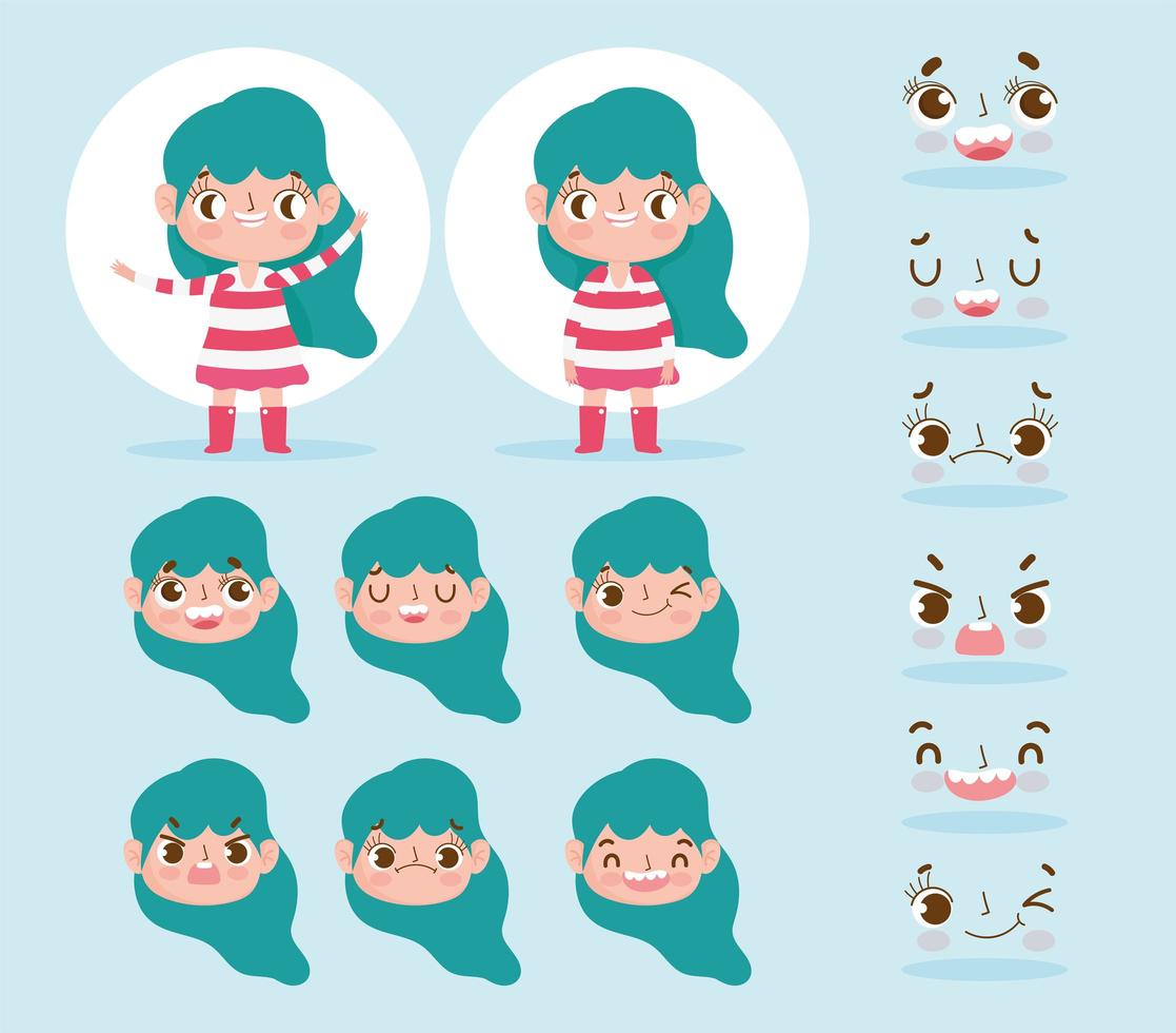 Green haired little girl heads and faces set vector